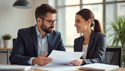 Wall Mural - Two busy business professional’s colleague discussing, explaining project details, plan, strategy sitting at office desk.