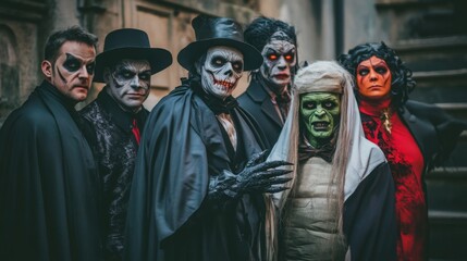 Six individuals display their creativity with detailed Halloween costumes, showcasing a range of characters from ghouls to witches. The eerie background adds to the atmospheric and festive vibe.