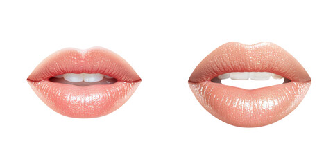 Close-up view of two pairs of natural lips showcasing different shapes and colors, ideal for beauty and cosmetic themes. transparent background