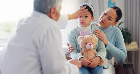 Wall Mural - Woman doctor, child and check fever at hospital, pediatrician and sick girl for assessment. Mature nurse, helping kid and touching head for physician examination, health and parent support at checkup