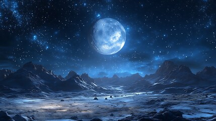 Canvas Print - A large, full moon hangs over a desolate, mountainous landscape under a starry sky.