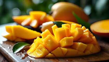 Wall Mural - Delight in the vibrant allure of a ripe mango, showcasing its succulent yellow flesh as a refreshing and delicious tropical indulgence