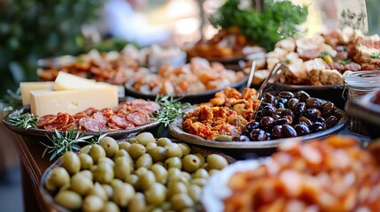 Wall Mural - Close up of a table with various appetizers including olives, salami, cheese, and cooked meat.