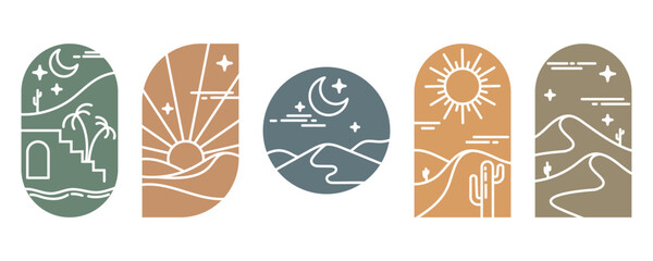 Wall Mural - desert boho logo with sun and mountains. vector abstract bohemian illustration with moon cactus and 