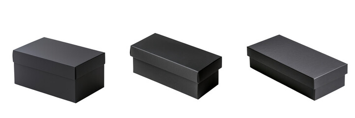 Three elegant black boxes arranged in a row, perfect for packaging gifts, jewelry, or special occasions. transparent background