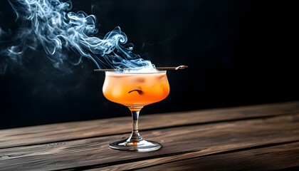 Wall Mural - Enchanted cocktail glowing with fire and smoke on a rustic wooden bar against a dramatic black backdrop