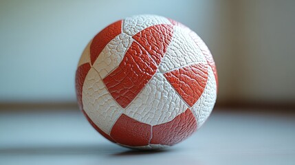 A close-up of a textured red and white sports ball on a surface.