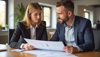 Wall Mural - Two business professionals working together discussing project plan, strategy, team of business professional’s colleague discussing, explaining project details, plan, strategy sitting at office desk.