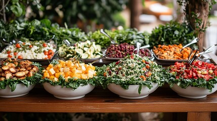 Wall Mural - Closeup of a buffet table with various salad bowls.