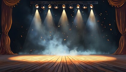 Wall Mural - Dramatic underground stage with spotlights illuminating the floor, enveloped in drifting smoke for an immersive performance atmosphere