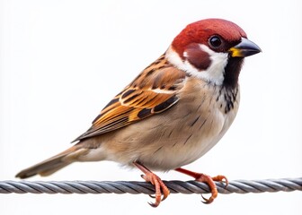 Small brown sparrow with distinctive black throat patch perched on a wire, looking directly at the camera, isolated on a transparent background.