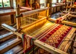 © Four888 - A traditional wooden loom holds a partially woven intricate handcrafted sari with golden threads and subtle patterns, awaiting completion in a serene workspace.