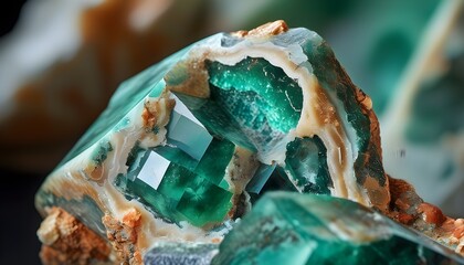 Close-up of raw emerald gemstone revealing mineral details for gemology and spiritual exploration