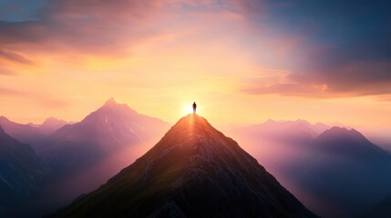 Wall Mural - A solitary figure standing on a mountain peak with a dramatic sunset over a vast mountain range.