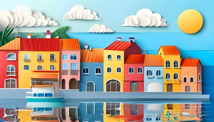 Wall Mural - Charming Coastal Town with Colorful Buildings in a Tranquil Summer Scene, Illustrated in Paper Craft Style