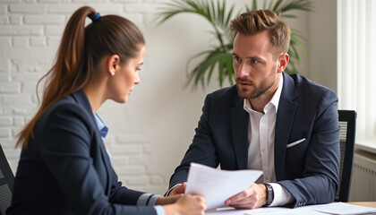 Two business professionals working together discussing project plan, strategy, team of business professional’s colleague discussing, explaining project details, plan, strategy sitting at office desk.