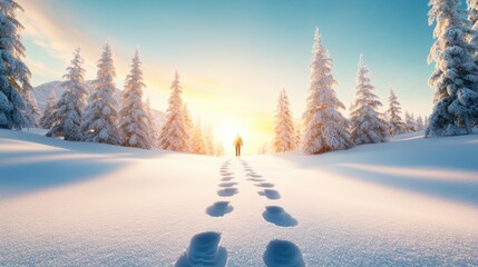 Wall Mural - A lone figure walking through a snowy forest with footprints marking the trail and a wintery sun illuminating the scene.