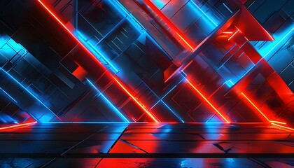 Futuristic Abstract Background with Neon Glow and Geometric Layers in Red, Blue, and Black on a Dark Metal Wall