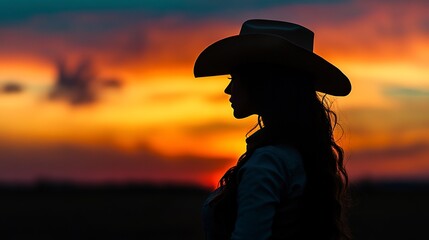 Wall Mural - silhouette of a cowgirl at sunset with a cowboy hat 