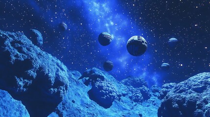 Wall Mural - A digital painting of a blue, rocky, and cratered planet with a blue sky and a milky way.