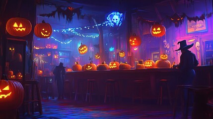 Sticker - A Wild West saloon decorated with pumpkins and eerie Halloween lights, with ghostly figures in cowboy hats lurking in the shadows 