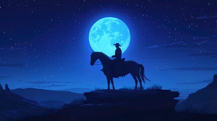 Poster - Silhouette of a cowboy man riding horse in the night, huge blue full moon background. Fantasy landscape vector design illustration. Surreal dramatic nature hand-drawn style modern 3d digital fine art.