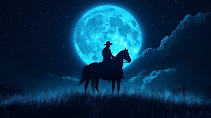 Canvas Print - Silhouette of a cowboy man riding horse in the night, huge blue full moon background. Fantasy landscape vector design illustration. Surreal dramatic nature hand-drawn style modern 3d digital fine art.