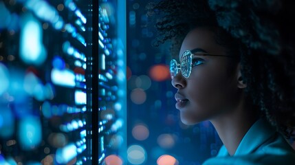 Software, Coding Hologram and Woman in Data Analytics, Programmer, IT Specialist, Technology, Cybersecurity
