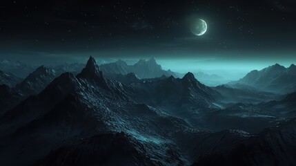 Wall Mural - Moonlit Mountains Wallpaper. A dark mountain range under a moonlit sky.