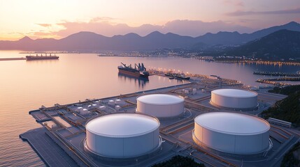 Aerial view of industrial oil tanks by a harbor at sunset, showcasing modern energy storage facilities near water.