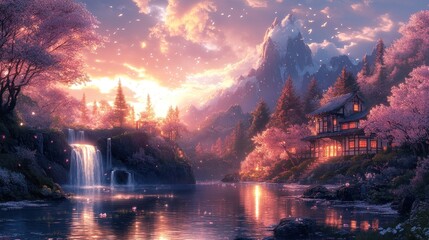 Wall Mural - Serene landscape with cherry blossoms, waterfall, and sunset.