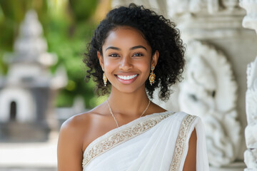 Afro woman wearing saree traditional cloth smile at Hindu temple