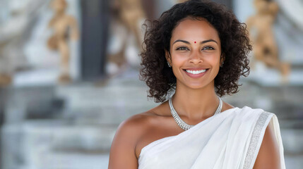 Afro woman wearing saree traditional cloth smile at Hindu temple