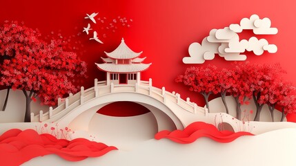 Chinese paper-cut of ancient temple with bridge, trees, and water