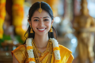 Japanese woman wearing saree traditional cloth smile at Hindu temple