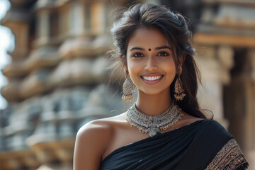 Wall Mural - Malay woman wearing saree traditional cloth smile at Hindu temple