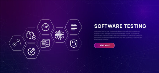 Wall Mural - software testing vibrant purple background with icons concept of coding review and user acceptance t