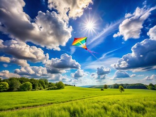 Vibrant blue sky with fluffy white clouds serves as a backdrop for a colorful kite soaring high above a lush green open field on a sunny day.