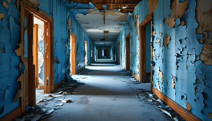 Sticker - Eerie hallway of decaying blue walls, an embodiment of neglect, times passage, mysterious loss, and haunting beauty.