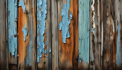 Wall Mural - Weathered wood backdrop revealing peeling paint, showcasing rustic charm and the beauty of imperfection over time