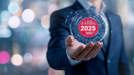 2025 New Year objectives and action plans. Business strategies and annual plans for achieving goals. Focus on goal attainment and success in 2025. Businessman displaying a 