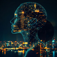 Wall Mural - AI managing smart city infrastructure, analyzing big data from urban systems. Features an abstract cybernetic silhouette of a woman's head with a neural network brain, set in cyberspace. 