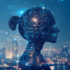 Wall Mural - AI managing smart city infrastructure, analyzing big data from urban systems. Features an abstract cybernetic silhouette of a woman's head with a neural network brain, set in cyberspace. 