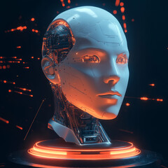 Wall Mural - AI or artificial intelligence depicted as a robotic head hovering over a podium in virtual cyberspace. Features a humanoid mechanical cyborg with an electronic brain or mind, with a neural network.