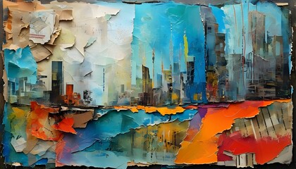 Wall Mural - Vibrant abstract layers of torn paper and paint reflecting creativity, chaos, urban decay, and the beauty of imperfection