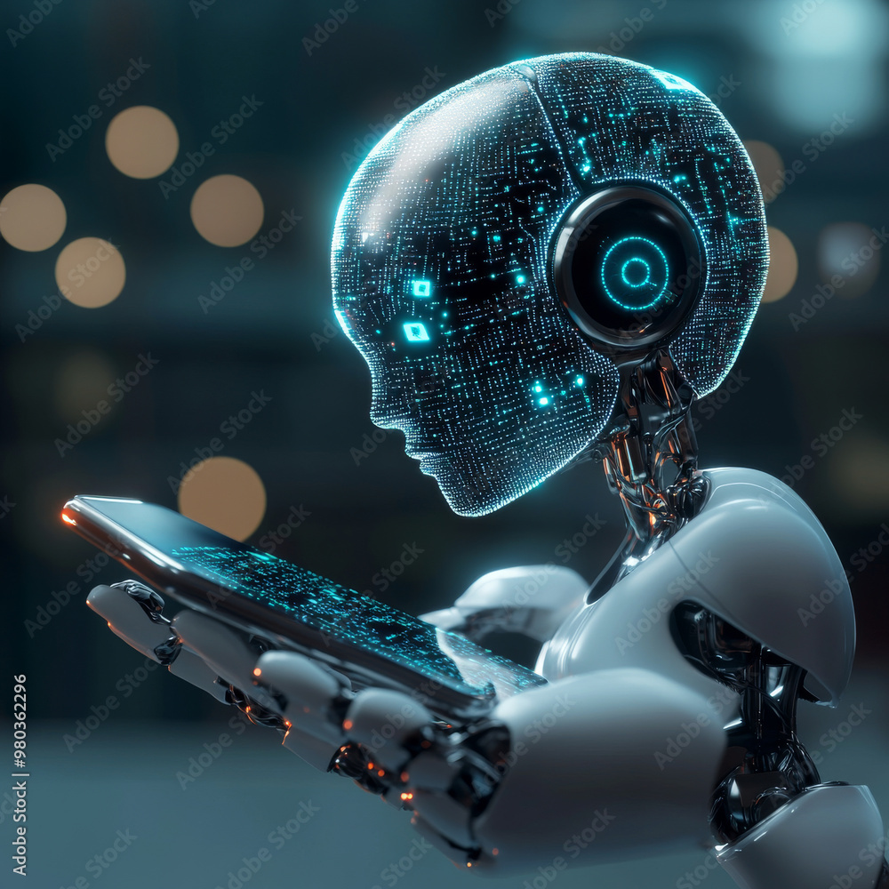 An AI robot gazes at an AI logo suspended above a phone in its hand ...