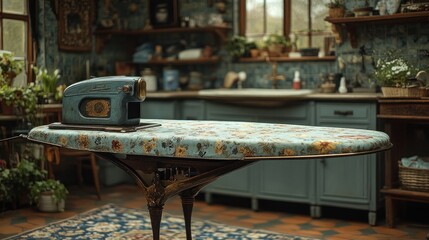 Wall Mural - A vintage sewing machine on a floral-patterned ironing board.