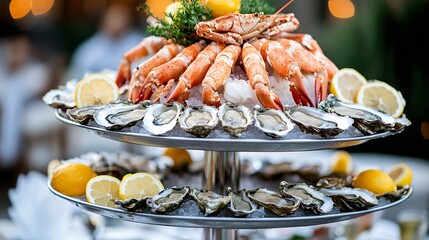 Wall Mural - Fresh oysters, crab legs and lemon wedges on a silver platter with ice.