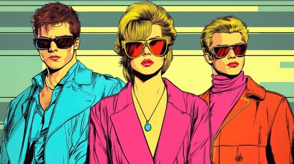 A group dressed in colorful 80s and 90s attire enjoys a nostalgic gathering, surrounded by classic pop culture elements in a contemporary environment