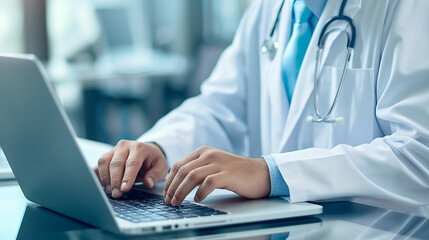 Wall Mural - a doctor working on a modern laptop computer making a report about patient condition or doing some r